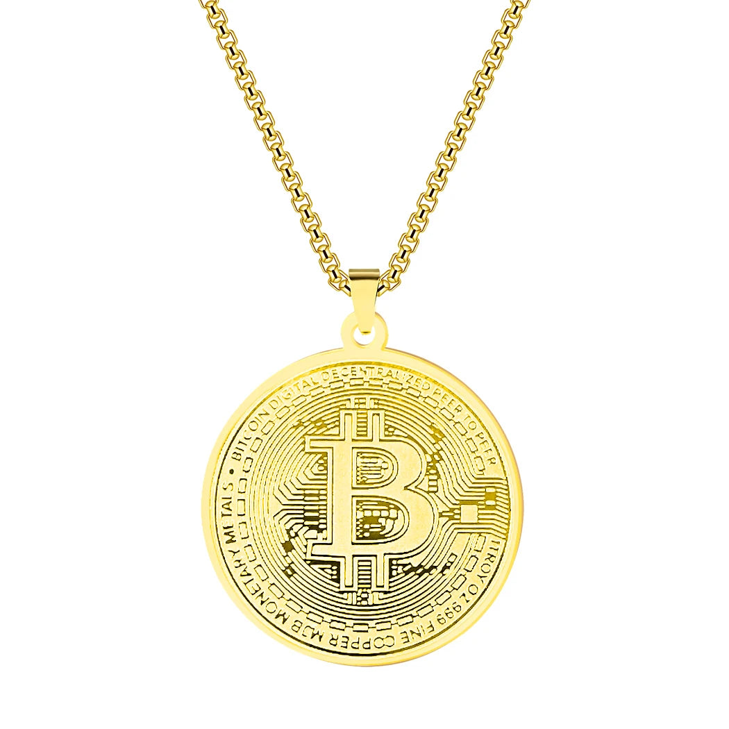 Collar con colgante de Bitcoin de círculo Kinitial, gargantilla de cadena de acero inoxidable con dije de Bitcoin para hombres y mujeres, joyería de hip hop