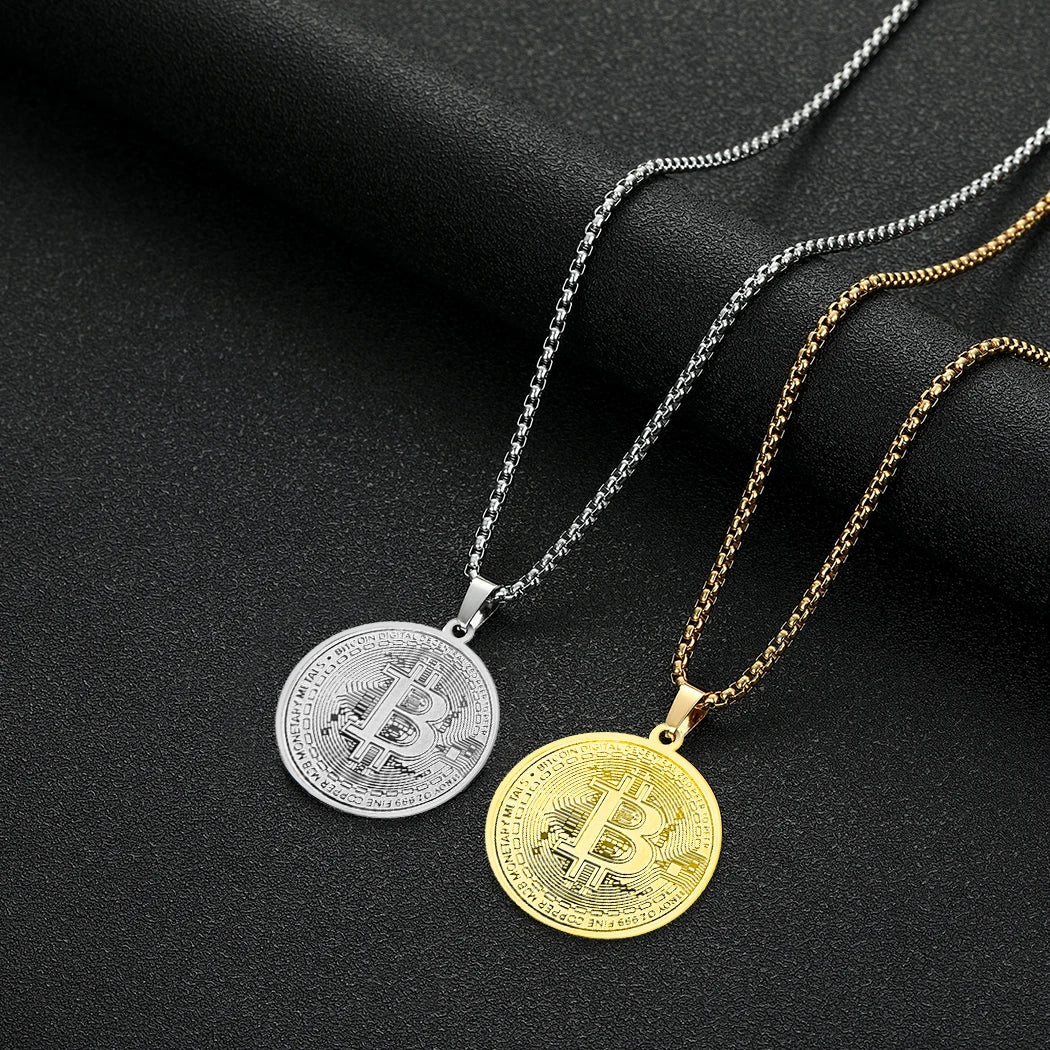 Collar con colgante de Bitcoin de círculo Kinitial, gargantilla de cadena de acero inoxidable con dije de Bitcoin para hombres y mujeres, joyería de hip hop