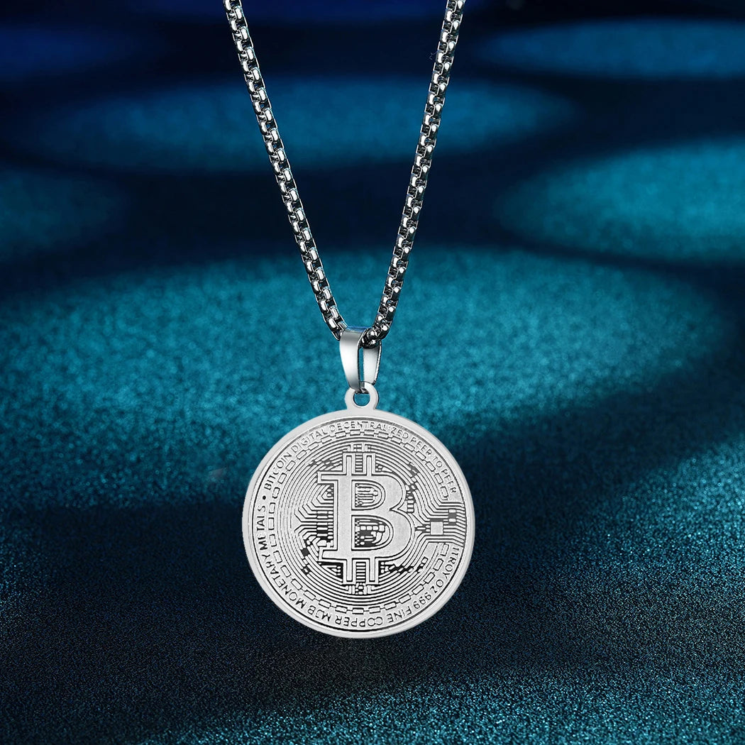 Collar con colgante de Bitcoin de círculo Kinitial, gargantilla de cadena de acero inoxidable con dije de Bitcoin para hombres y mujeres, joyería de hip hop
