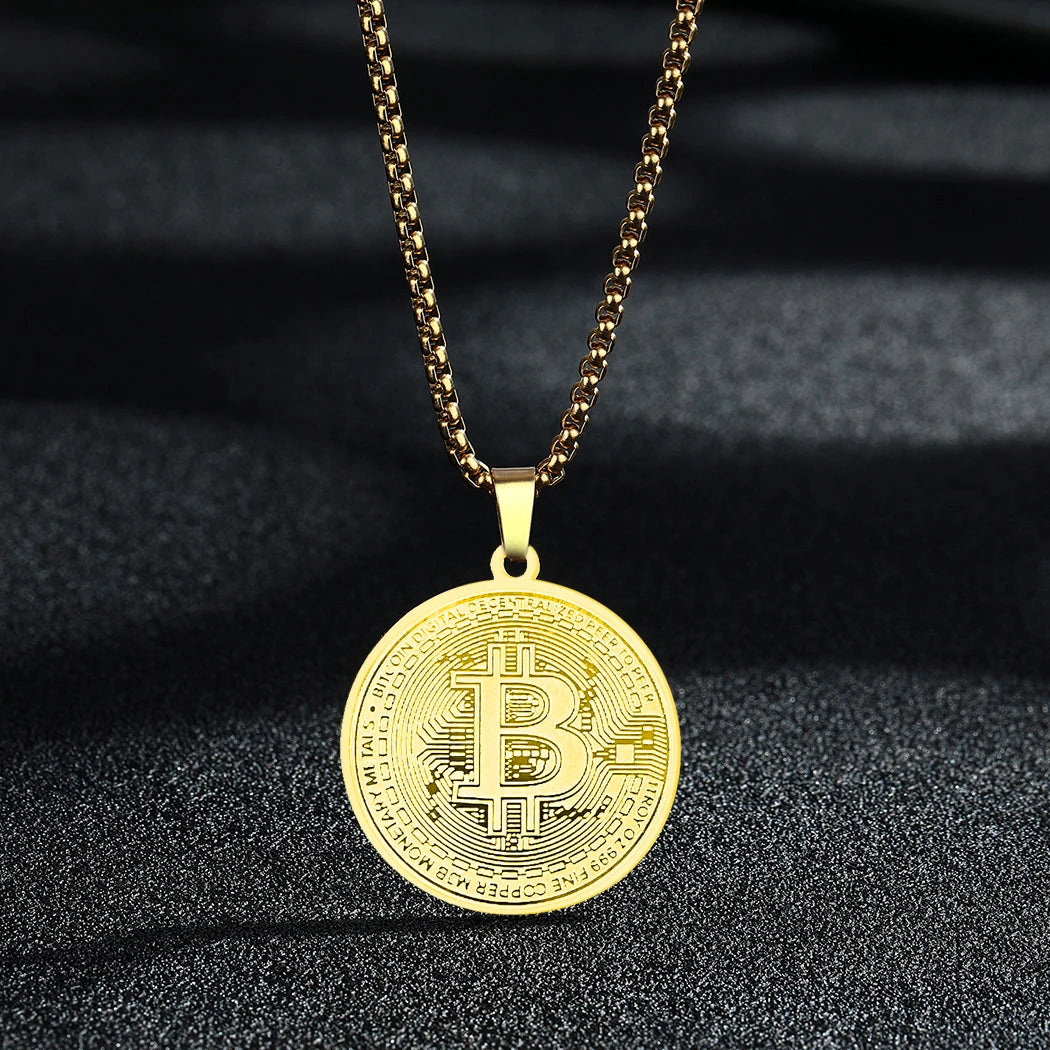 Collar con colgante de Bitcoin de círculo Kinitial, gargantilla de cadena de acero inoxidable con dije de Bitcoin para hombres y mujeres, joyería de hip hop