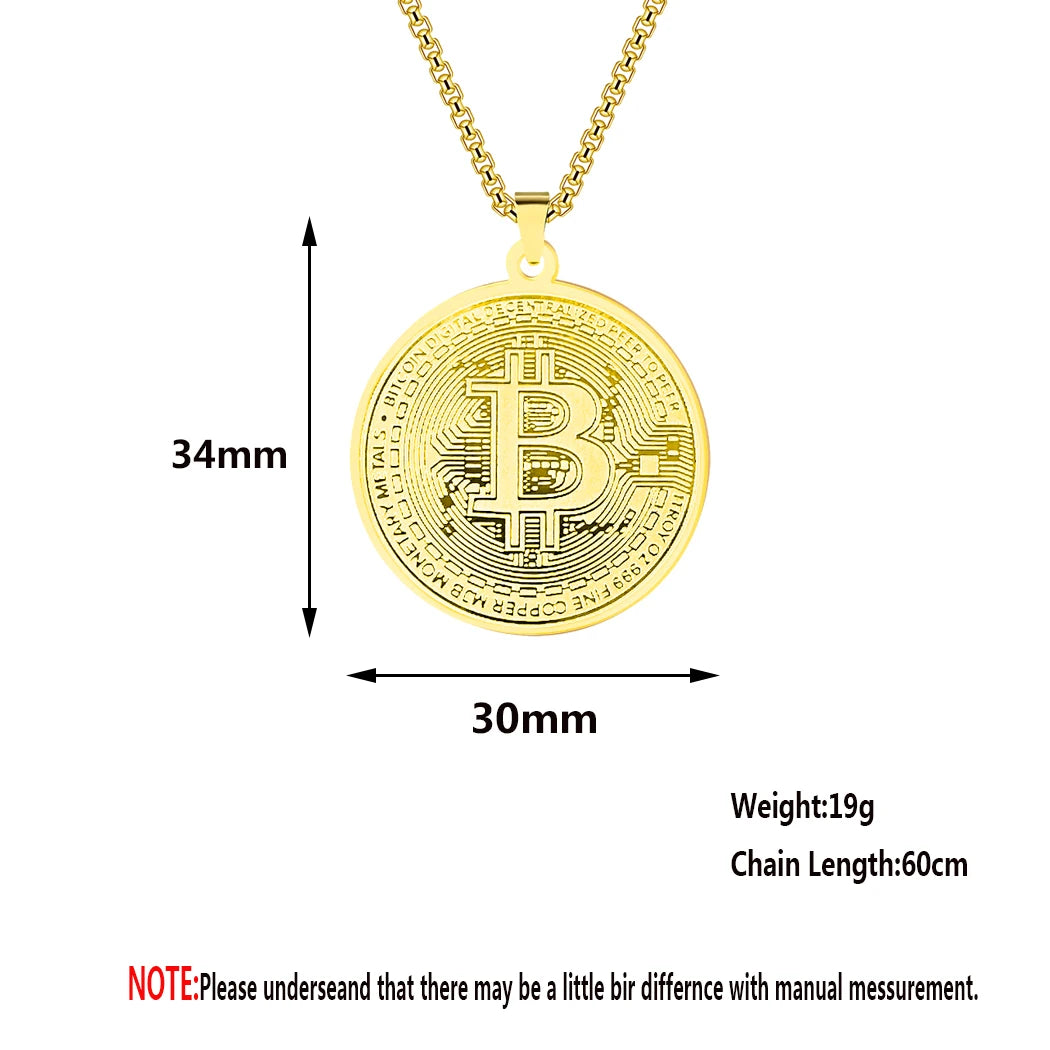 Collar con colgante de Bitcoin de círculo Kinitial, gargantilla de cadena de acero inoxidable con dije de Bitcoin para hombres y mujeres, joyería de hip hop