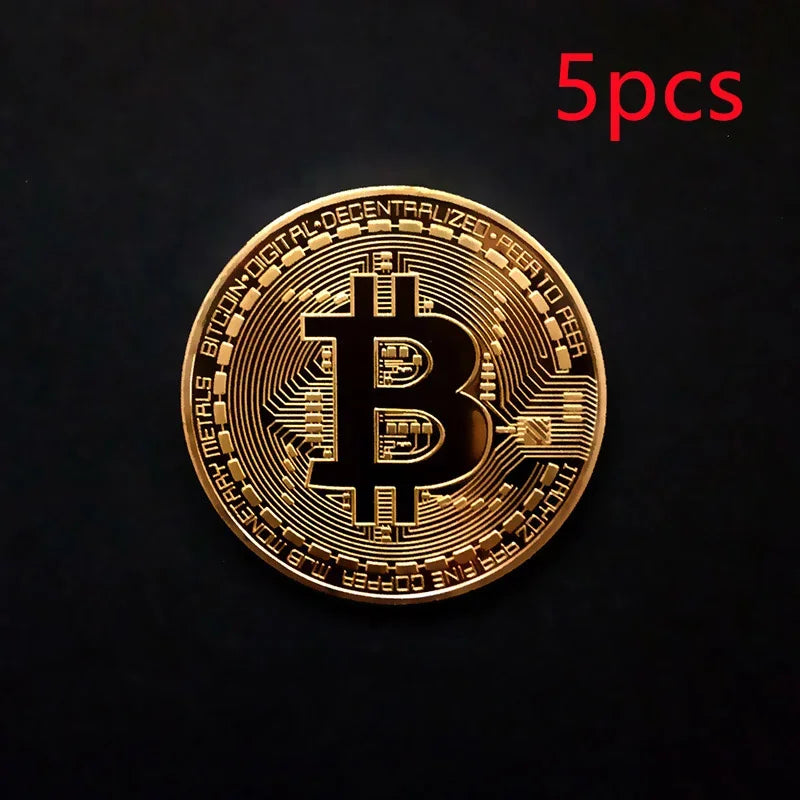 Colección de arte Casascius bañada en oro de 5 piezas, regalo criptográfico, conmemorativo, metal físico, moneda de Bitcoin de imitación antigua, coleccionable.