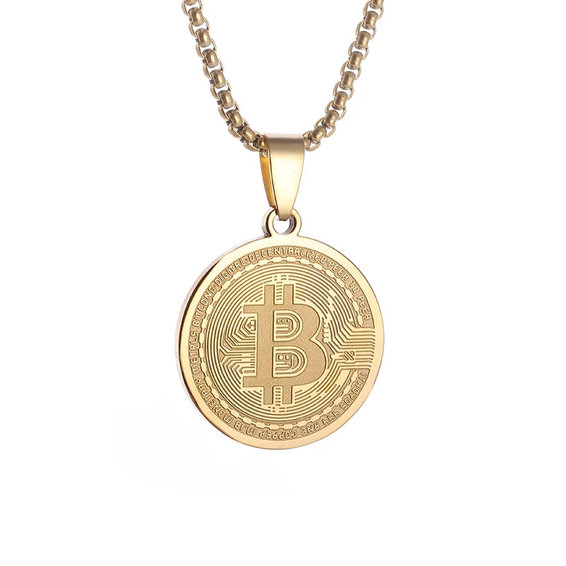 Stainless Steel FAKE Bitcoin Coin Pendant Collectible Art Necklace for Men Fashion Charm Jewelry Birthday Gift