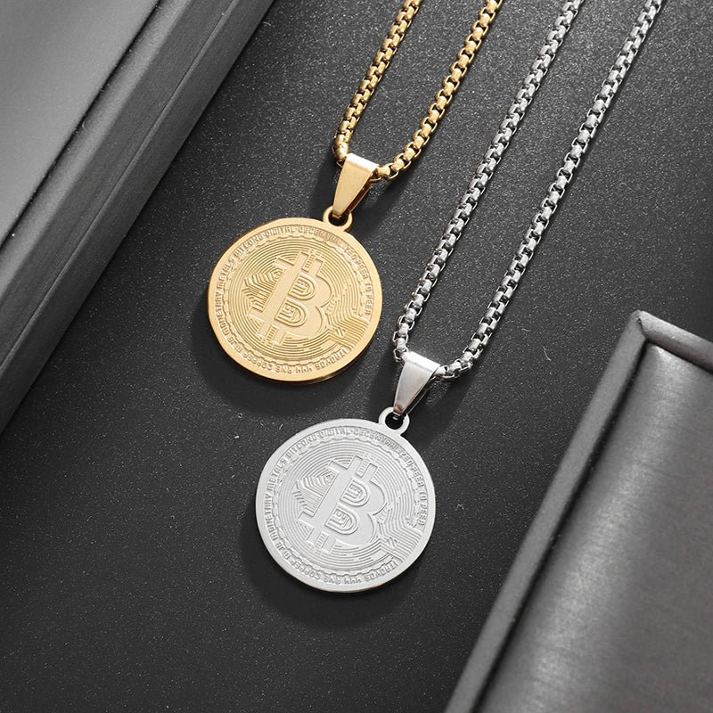 Stainless Steel FAKE Bitcoin Coin Pendant Collectible Art Necklace for Men Fashion Charm Jewelry Birthday Gift