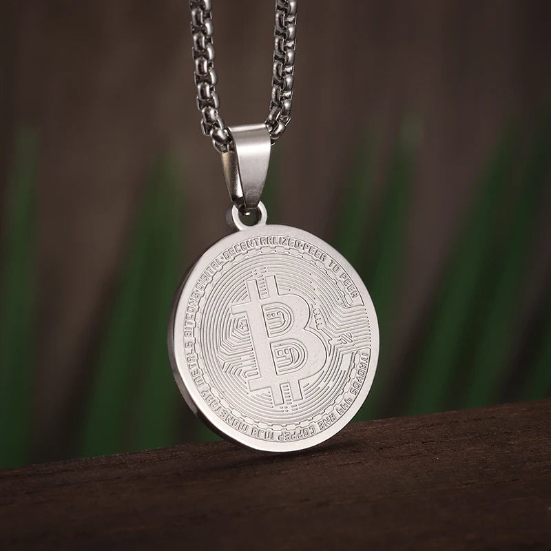 Stainless Steel FAKE Bitcoin Coin Pendant Collectible Art Necklace for Men Fashion Charm Jewelry Birthday Gift