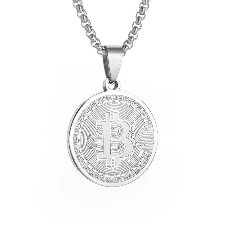 Stainless Steel FAKE Bitcoin Coin Pendant Collectible Art Necklace for Men Fashion Charm Jewelry Birthday Gift