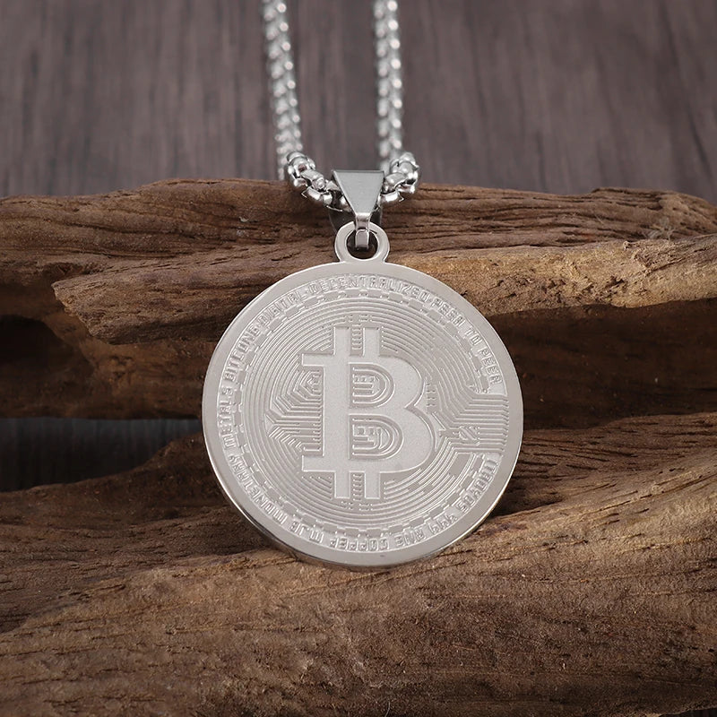 Stainless Steel FAKE Bitcoin Coin Pendant Collectible Art Necklace for Men Fashion Charm Jewelry Birthday Gift