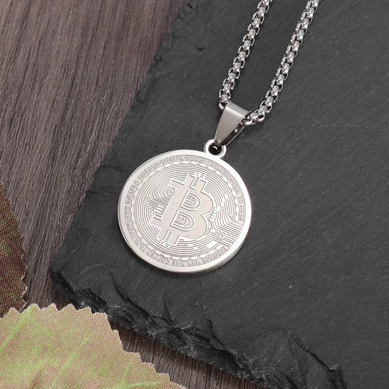 Stainless Steel FAKE Bitcoin Coin Pendant Collectible Art Necklace for Men Fashion Charm Jewelry Birthday Gift