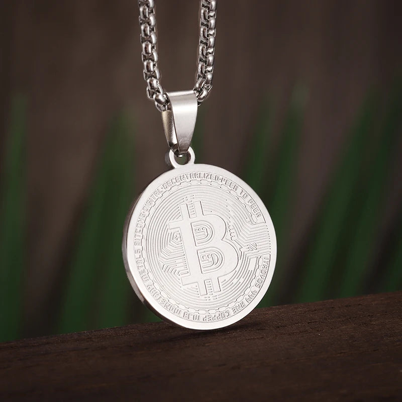Stainless Steel FAKE Bitcoin Coin Pendant Collectible Art Necklace for Men Fashion Charm Jewelry Birthday Gift