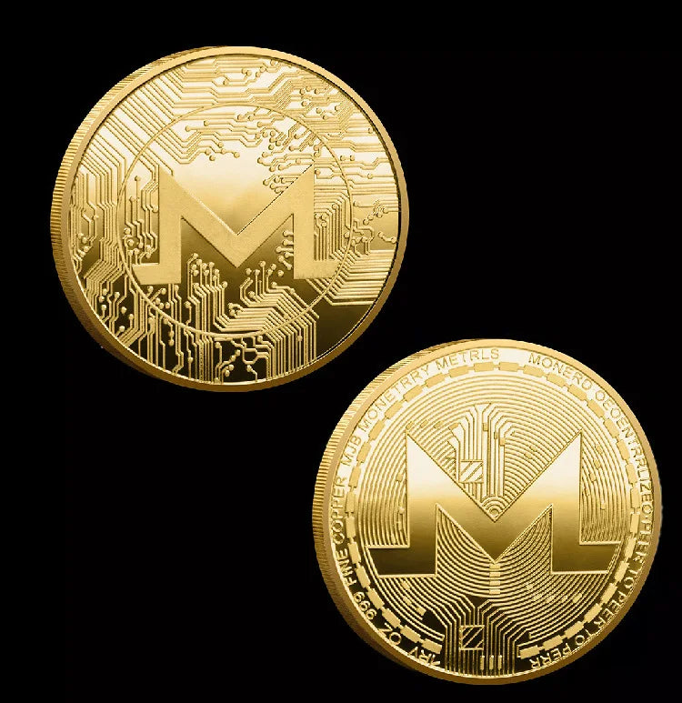 Colección de monedas criptográficas físicas de metal con estuche de plástico.