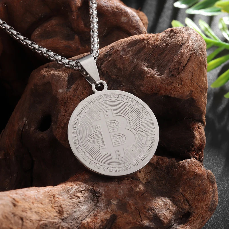 Stainless Steel FAKE Bitcoin Coin Pendant Collectible Art Necklace for Men Fashion Charm Jewelry Birthday Gift