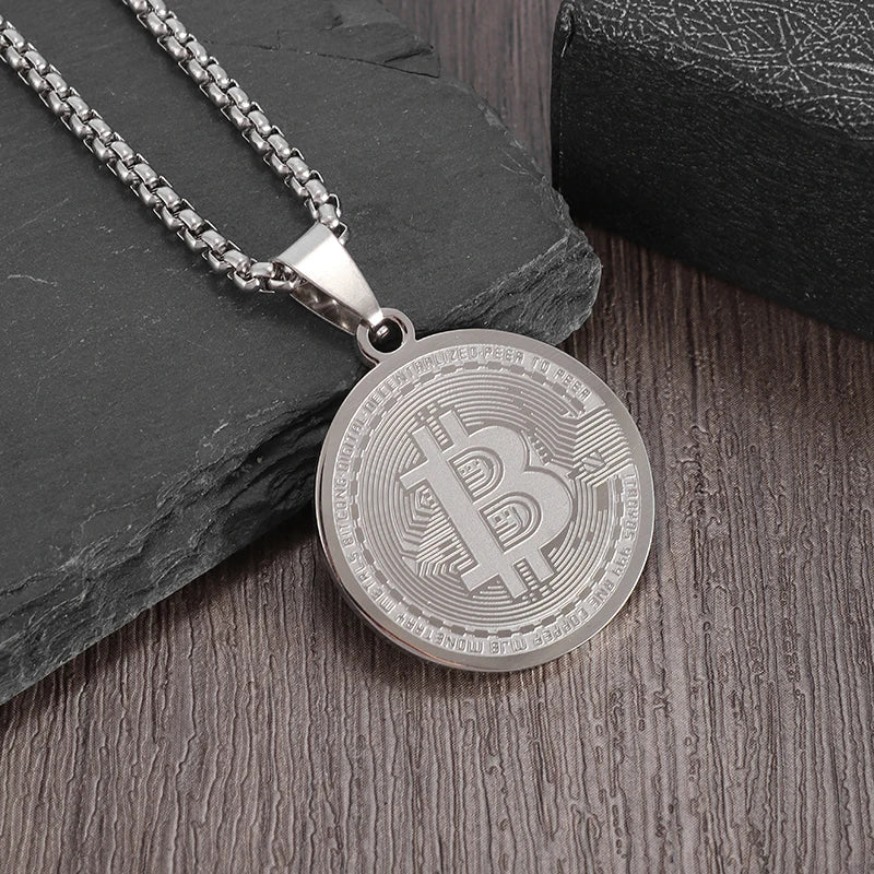 Stainless Steel FAKE Bitcoin Coin Pendant Collectible Art Necklace for Men Fashion Charm Jewelry Birthday Gift
