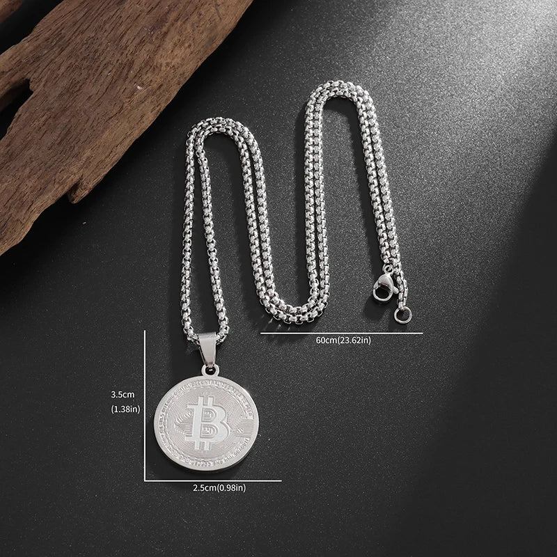 Stainless Steel FAKE Bitcoin Coin Pendant Collectible Art Necklace for Men Fashion Charm Jewelry Birthday Gift