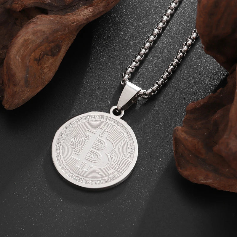 Stainless Steel FAKE Bitcoin Coin Pendant Collectible Art Necklace for Men Fashion Charm Jewelry Birthday Gift