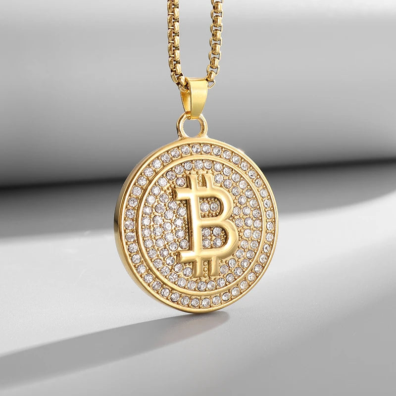 Stainless Steel FAKE Bitcoin Coin Pendant Collectible Art Necklace for Men Fashion Charm Jewelry Birthday Gift