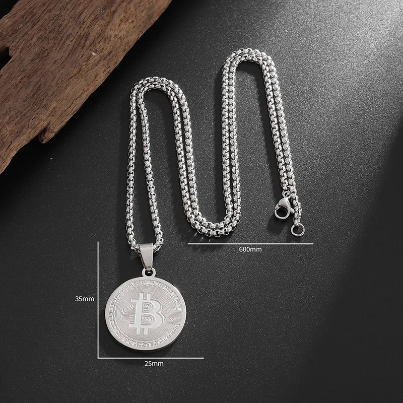 Stainless Steel FAKE Bitcoin Coin Pendant Collectible Art Necklace for Men Fashion Charm Jewelry Birthday Gift