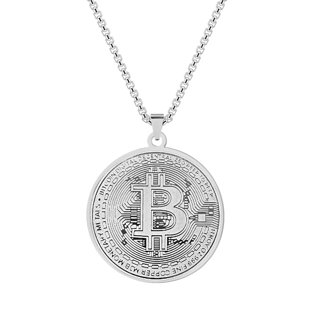 Collar con colgante de Bitcoin de círculo Kinitial, gargantilla de cadena de acero inoxidable con dije de Bitcoin para hombres y mujeres, joyería de hip hop
