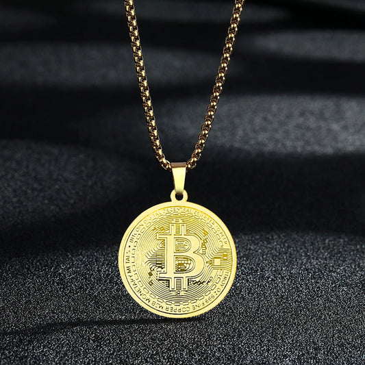 Collar con colgante de Bitcoin de círculo Kinitial, gargantilla de cadena de acero inoxidable con dije de Bitcoin para hombres y mujeres, joyería de hip hop