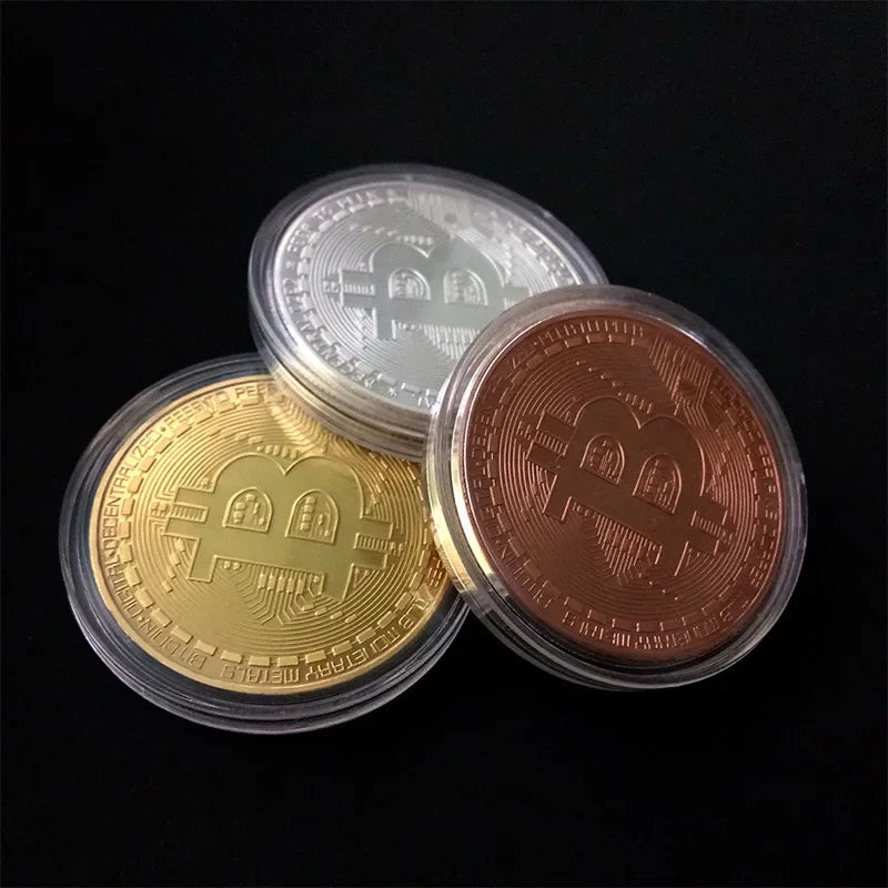 Colección de arte Casascius bañada en oro de 5 piezas, regalo criptográfico, conmemorativo, metal físico, moneda de Bitcoin de imitación antigua, coleccionable.