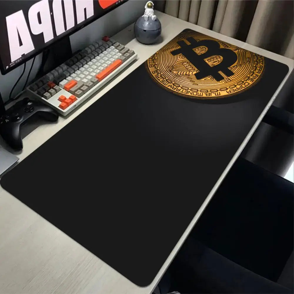 Alfombrilla de ratón Bitcoin para juegos, alfombrilla grande de goma antideslizante, alfombrilla de escritorio para ordenador, alfombrilla de ratón negra con borde cosido