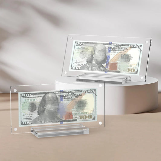 Marco de fotos conmemorativo de billetes de dólar de acrílico transparente resistente con base para exhibir en el escritorio del hogar o como vitrina coleccionable.