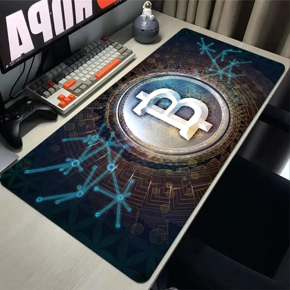 Alfombrilla de ratón Bitcoin para juegos, alfombrilla grande de goma antideslizante, alfombrilla de escritorio para ordenador, alfombrilla de ratón negra con borde cosido