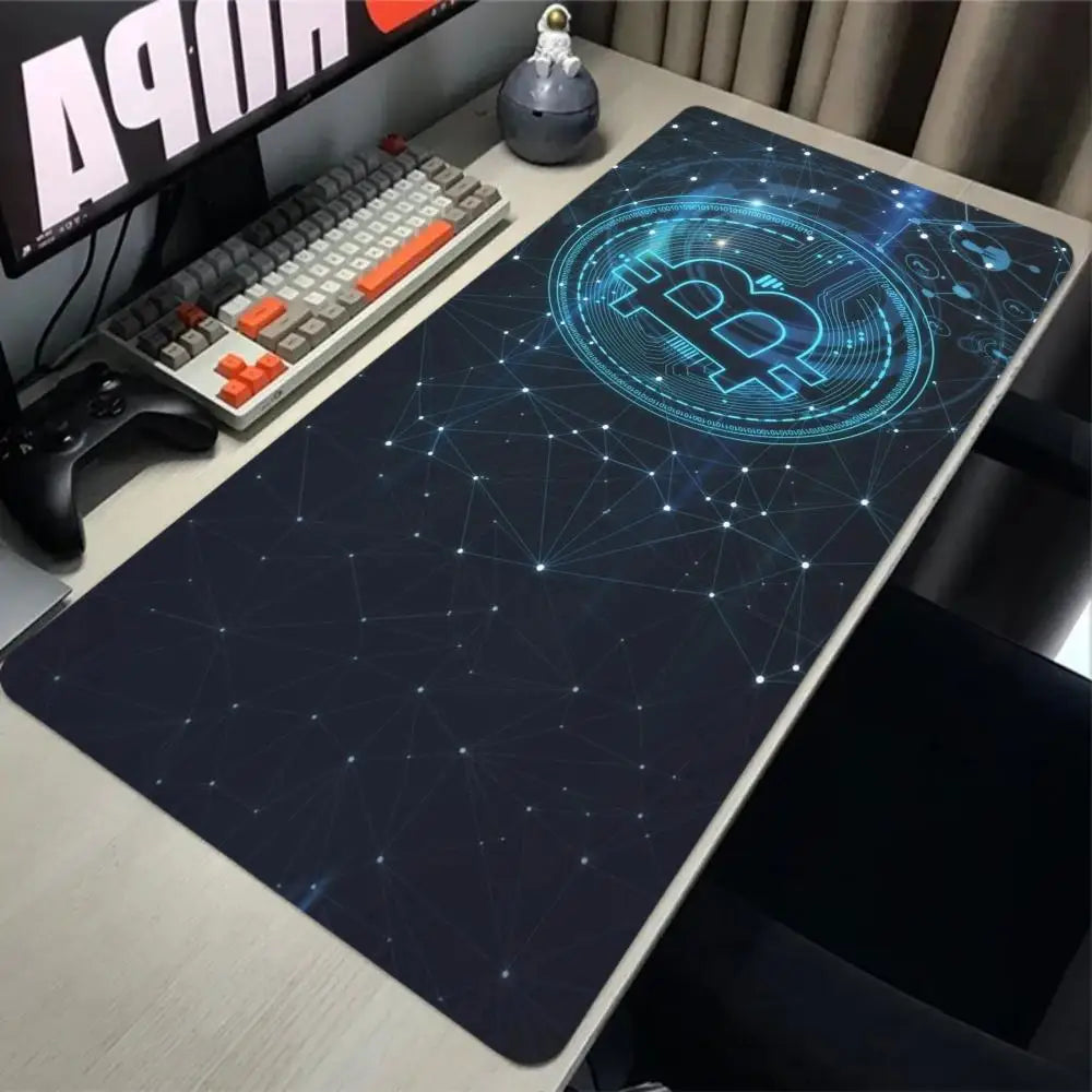 Alfombrilla de ratón Bitcoin para juegos, alfombrilla grande de goma antideslizante, alfombrilla de escritorio para ordenador, alfombrilla de ratón negra con borde cosido