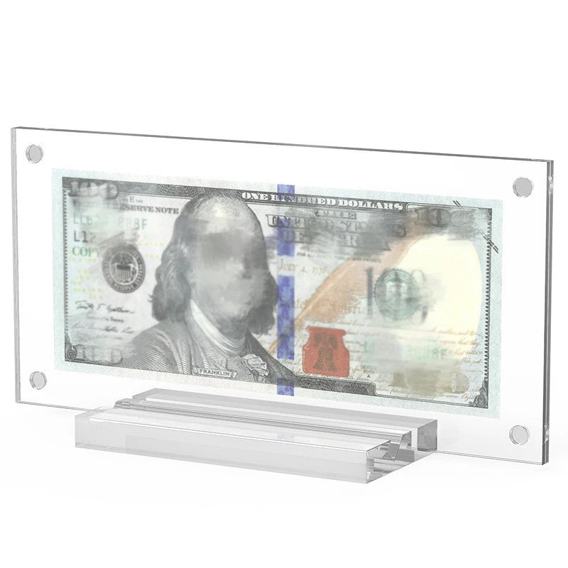 Marco de fotos conmemorativo de billetes de dólar de acrílico transparente resistente con base para exhibir en el escritorio del hogar o como vitrina coleccionable.