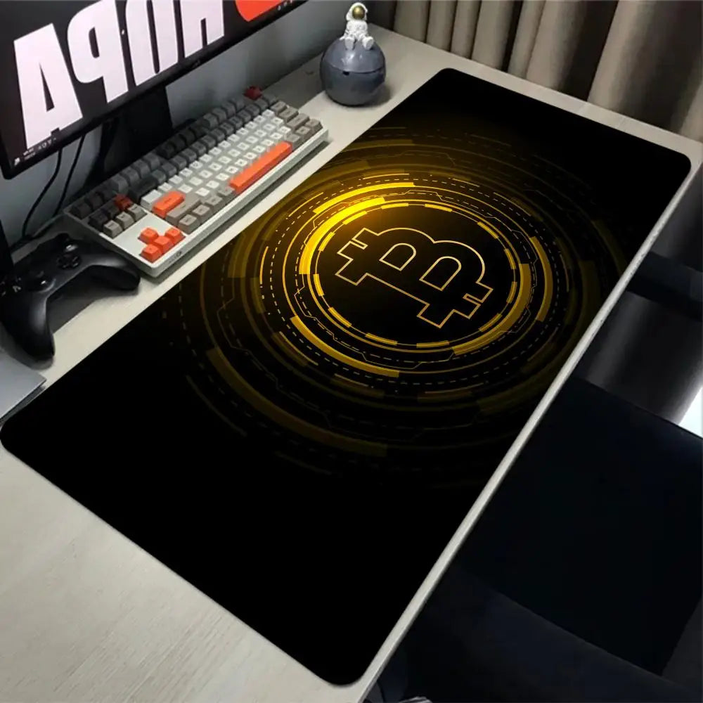 Alfombrilla de ratón Bitcoin para juegos, alfombrilla grande de goma antideslizante, alfombrilla de escritorio para ordenador, alfombrilla de ratón negra con borde cosido