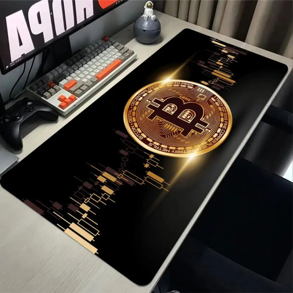 Alfombrilla de ratón Bitcoin para juegos, alfombrilla grande de goma antideslizante, alfombrilla de escritorio para ordenador, alfombrilla de ratón negra con borde cosido
