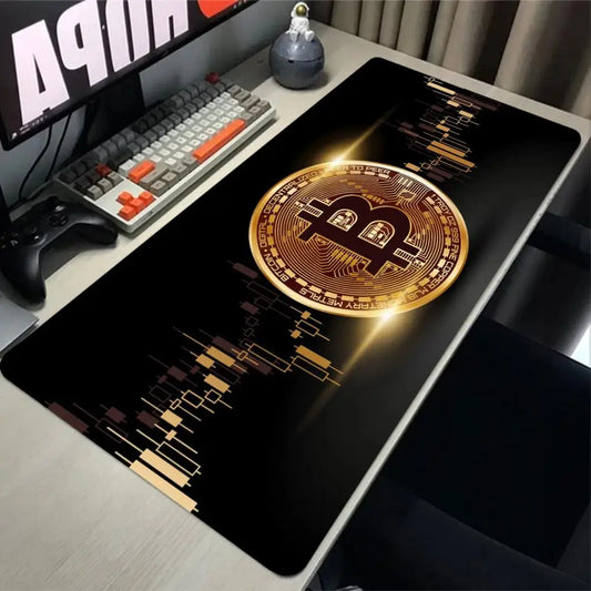 Alfombrilla de ratón Bitcoin para juegos, alfombrilla grande de goma antideslizante, alfombrilla de escritorio para ordenador, alfombrilla de ratón negra con borde cosido