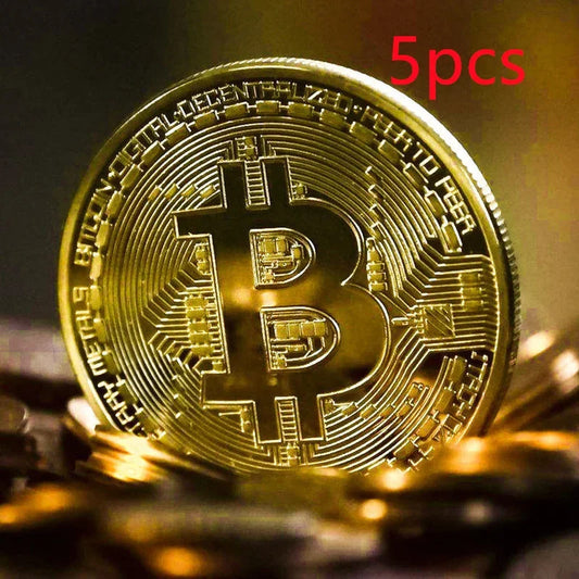 Colección de arte Casascius bañada en oro de 5 piezas, regalo criptográfico, conmemorativo, metal físico, moneda de Bitcoin de imitación antigua, coleccionable.