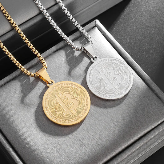 Colgante de moneda de Bitcoin de acero inoxidable, collar de arte coleccionable para hombres, joyería de moda, regalo de cumpleaños