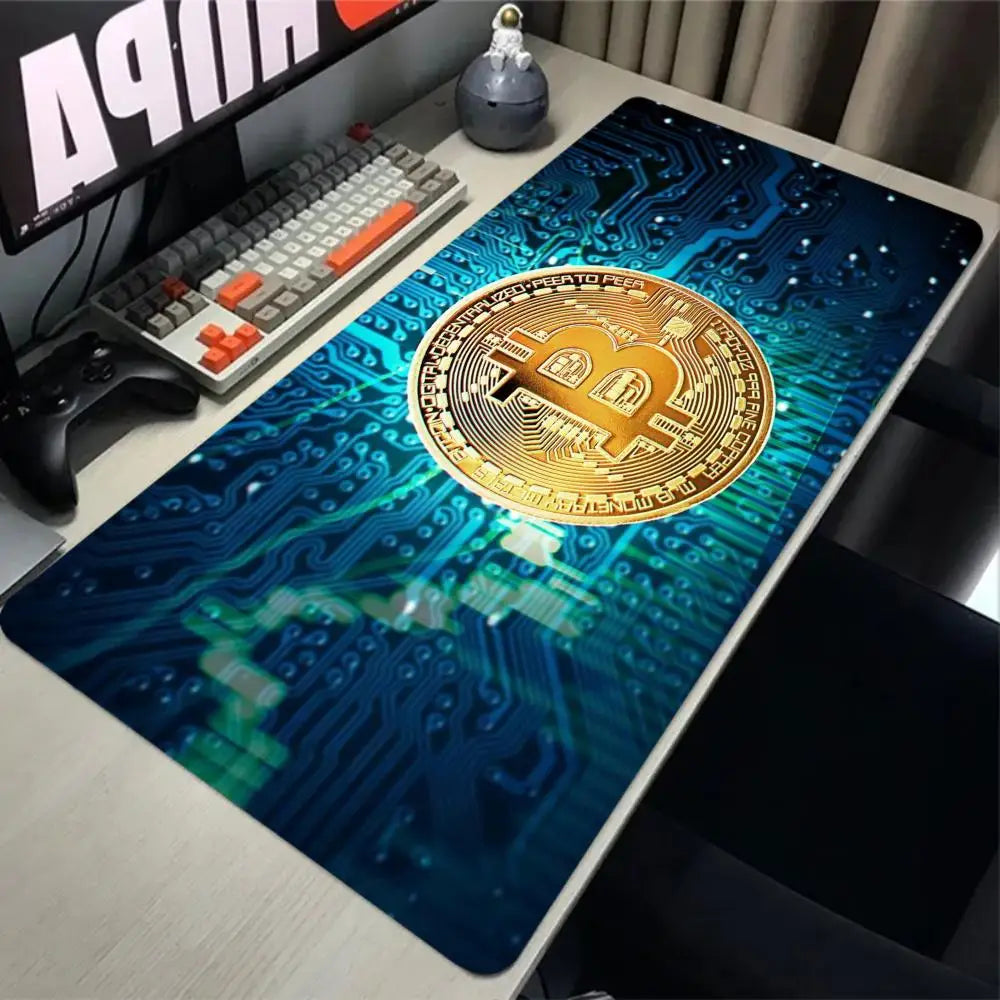 Alfombrilla de ratón Bitcoin para juegos, alfombrilla grande de goma antideslizante, alfombrilla de escritorio para ordenador, alfombrilla de ratón negra con borde cosido