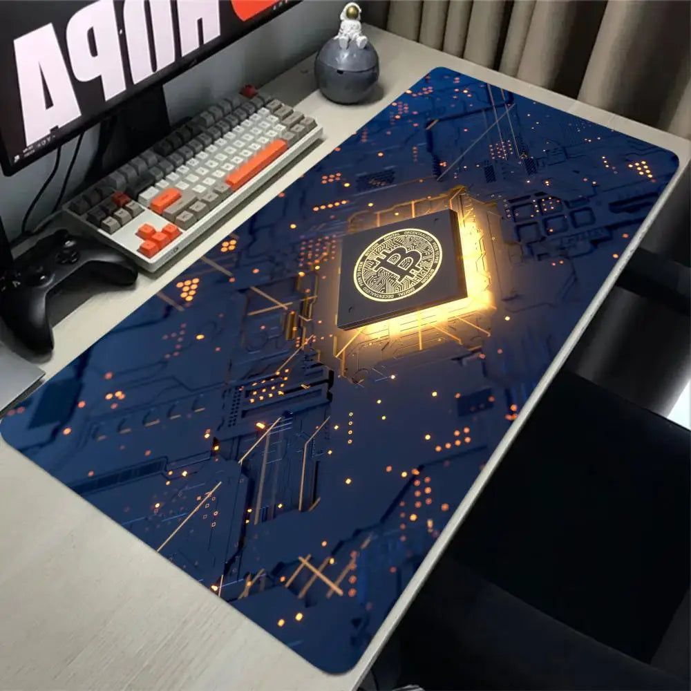 Alfombrilla de ratón Bitcoin para juegos, alfombrilla grande de goma antideslizante, alfombrilla de escritorio para ordenador, alfombrilla de ratón negra con borde cosido