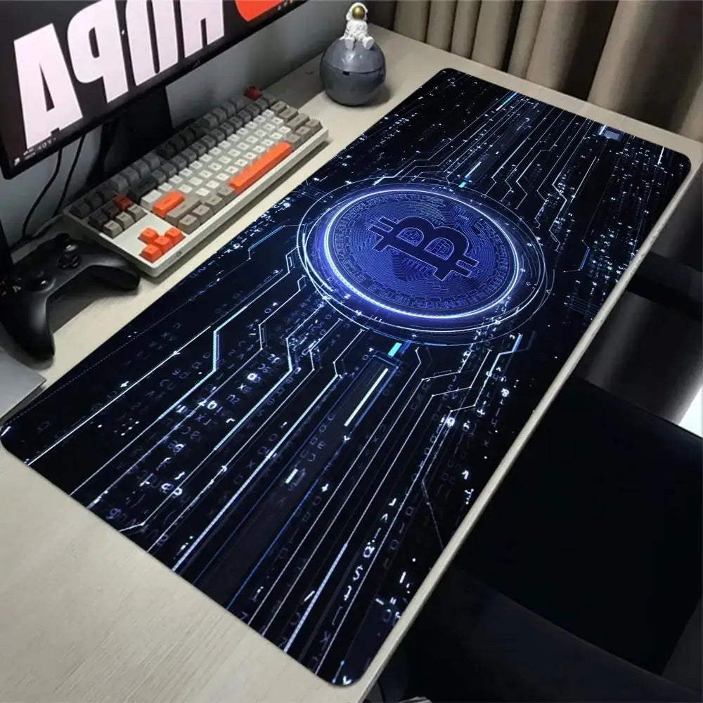 Alfombrilla de ratón Bitcoin para juegos, alfombrilla grande de goma antideslizante, alfombrilla de escritorio para ordenador, alfombrilla de ratón negra con borde cosido