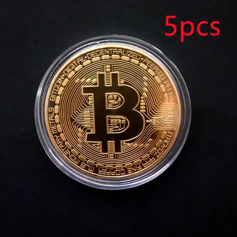 Colección de arte Casascius bañada en oro de 5 piezas, regalo criptográfico, conmemorativo, metal físico, moneda de Bitcoin de imitación antigua, coleccionable.